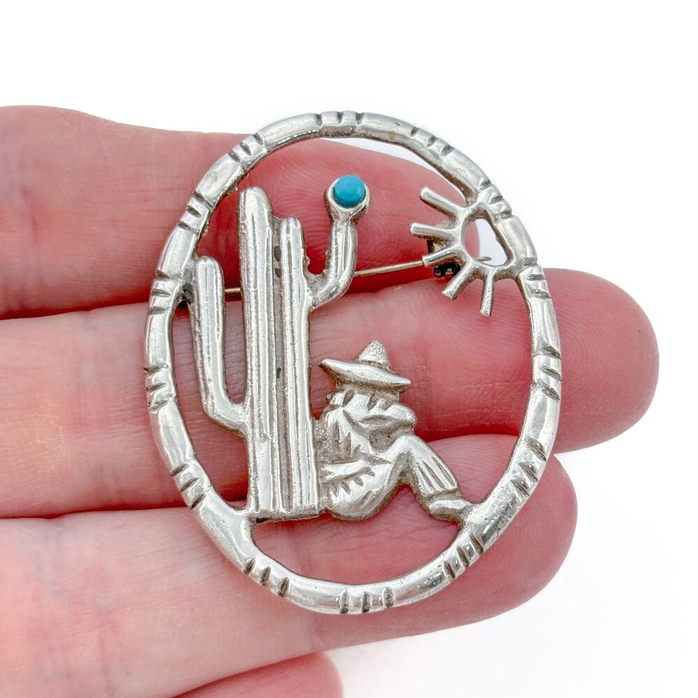 Vintage Sterling Silver 925 Turquoise Saguaro Cactus Brooch